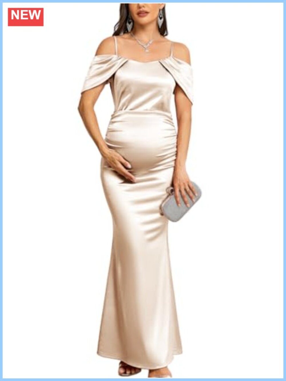 Maternity Satin Mermaid Maxi Dress Off Shoulder Ruched Formal Baby Shower Gown